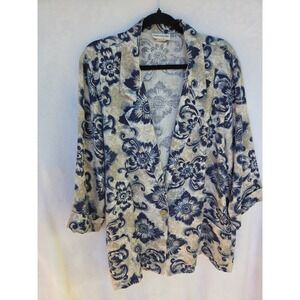 Alice Stuart Floral Blazer Women Large Blue Tan Damask Linen Blend Vintage Good